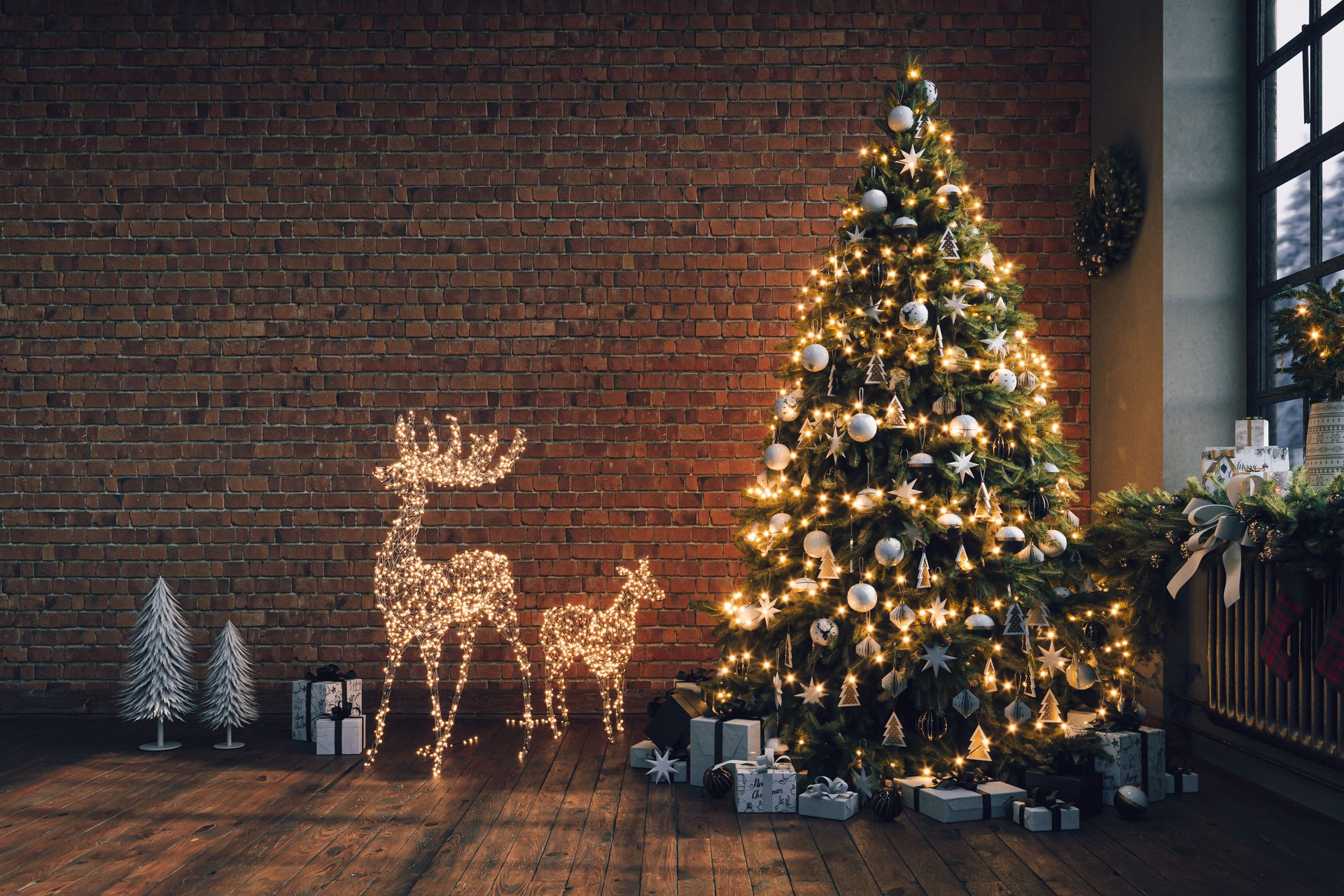 Industrial brick living room interior design with Christmas tree and gift boxes. New Year celebration. Loft Apartment, 3d render